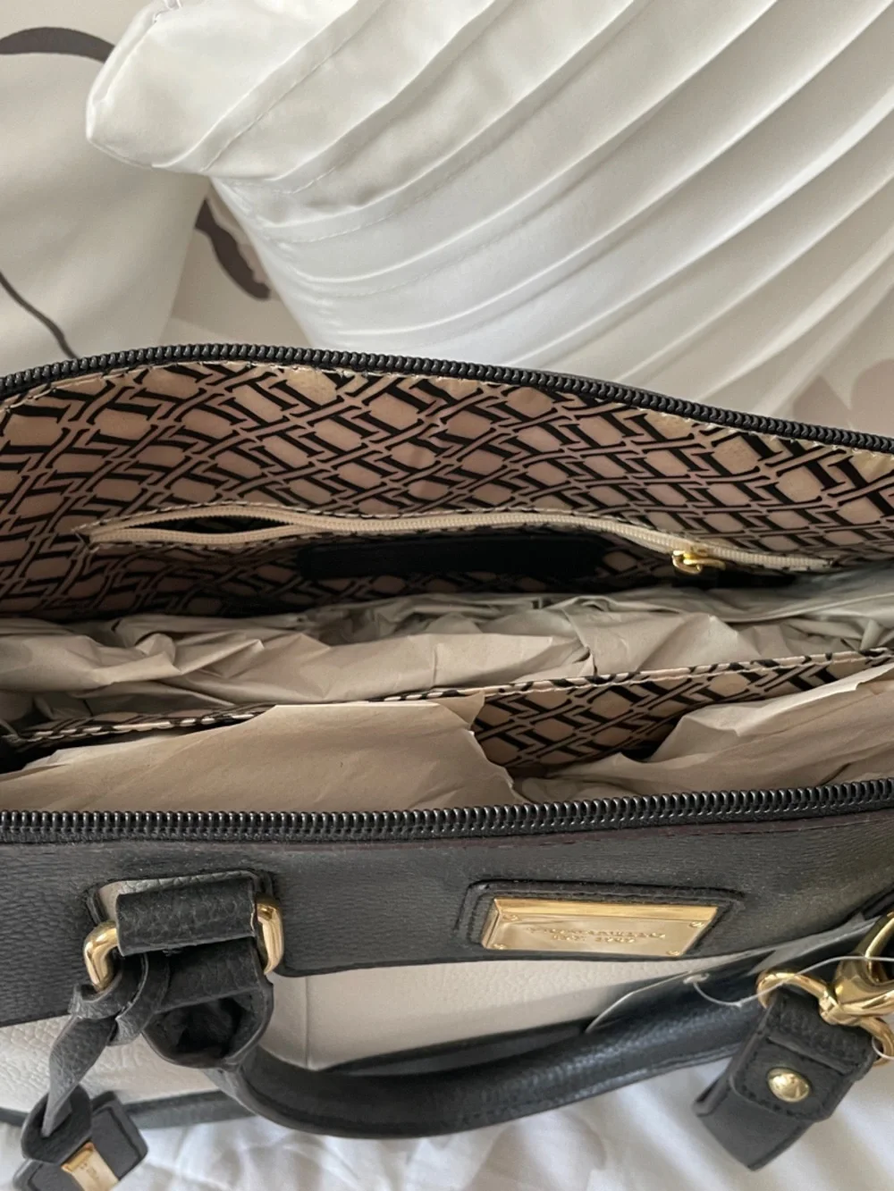Tignanello Black and White Two-Tone Satchel with Gold Hardware